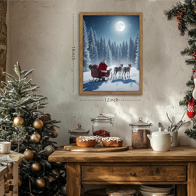 Framed Christmas Pictures Wall Decor, Santa Delivering Christmas Gifts Canvas Prints, Winter Holidays Pine Trees Wall Art, Christmas Snow Scene Santa Reindeer Decorations – 12x16in