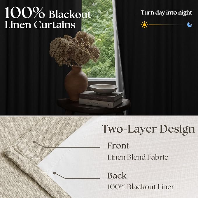 Oatmeal 102 Inch Blackout Linen Pleated Curtains for Bedroom Living Room | 100% Black Out, Thermal Insulated Energy Efficient Window Drapes, Double Layer Oatmeal Beige Curtains, Pinch Pleat 2 Panels