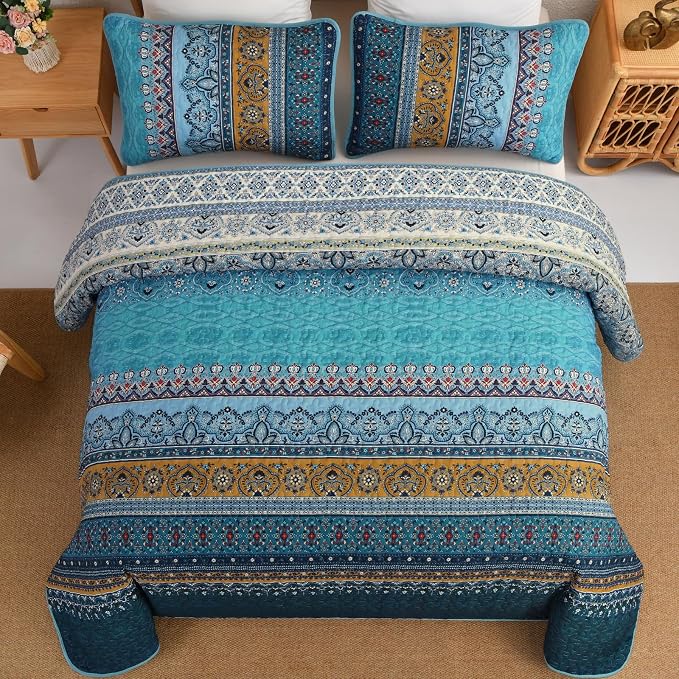 WONGS BEDDING Bohemian Queen Size,3 Pieces Soft Blue Bedspread Set | Boho Striped Printed Quilts Bedspread Set for All Seasons, Lightweight Microfiber Coverlet Set with Shams(96"x90")