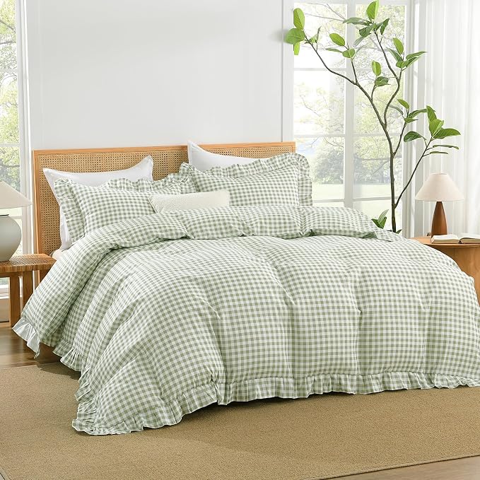 Andency Sage Gingham Duvet Cover King, Ruffle Shabby Chic Bedding Set 3 Pcs | Farmhouse Soft Pre-Washed Polyester Comforter Cover with Zipper Closure & Corner Ties, 104x90Inch