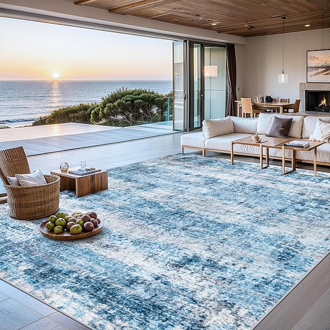 PLHXFR 8x10 Area Rug Living Room: Modern Abstract Washable Carpet Blue | For Bedroom Dining Room Farmhouse Nursery Home,Machine washable,Non Slip,Large Soft Neutral,Stain Resistant, Indoor Floor