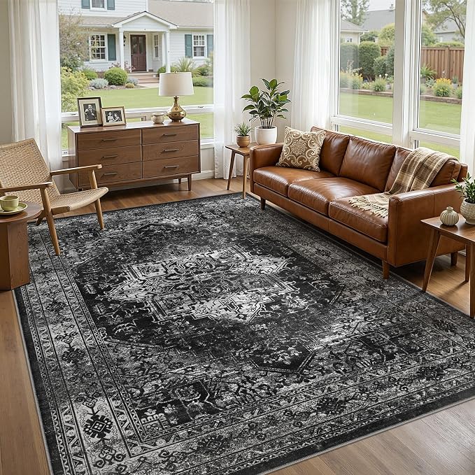UERMEI 9x12 Area Rug Living Room Rugs - Washable Vintage Soft Large Rug Indoor Floor No Slip Rug Carpet for Bedroom Farmhouse Under Dining Table Home Office Decor - Black