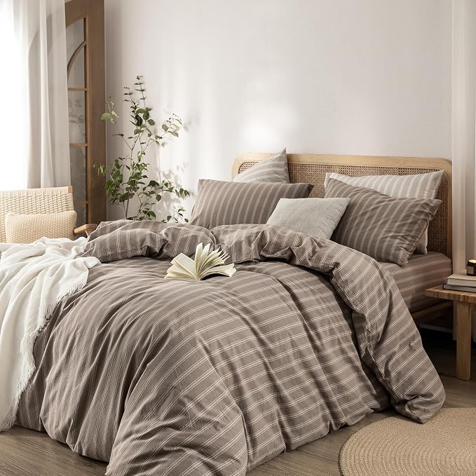BESTOUCH Striped Cotton Duvet Cover Set Linen Feel Oversized Full | 100% Washed Cotton, Soft Wrinkle Texture, Hidden Zipper, 8 Ties, Breathable Lightweight Durable Comfy, 3 Pcs No Insert