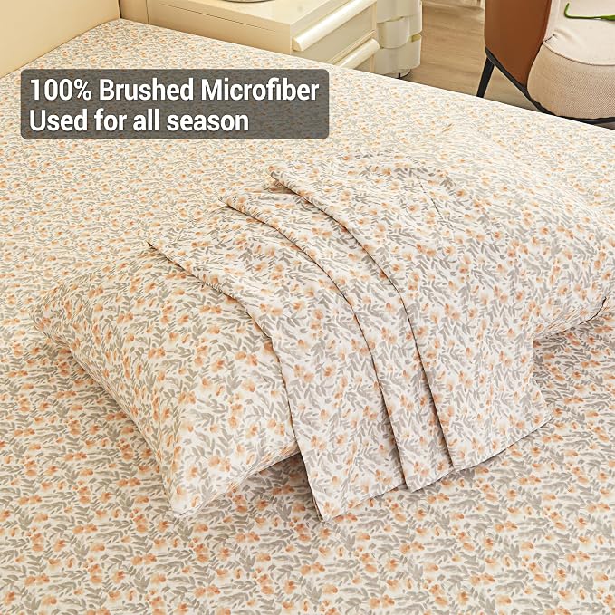 Viviland Floral Full Sheet Set - 4 Piece Vintage Light Orange Flower Patterned Bed Sheets - Soft, Breathable Microfiber Sheets with Deep Pocket, Non-Slip Fitted Sheets & Pillowcases
