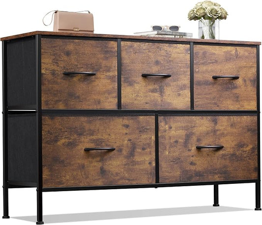 WLIVE 5 Drawer Dresser for Bedroom, Wide Chest of Drawers, Rustic Brown | 5 roomy fabric drawers, Wide low-profile design, Bedroom or closet use, Sturdy steel frame, Smooth wood tabletop