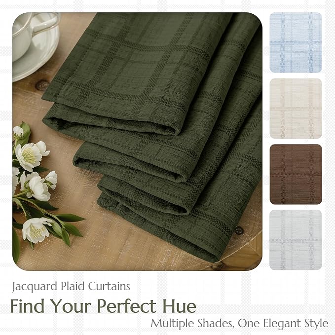Beauoop Green Plaid Jacquard Blackout Curtains for Bedroom 52x90 2 Panels | Gingham Checkered Room Darkening Drapes for Living Room 90 Inch Long Thermal Insulated Soundproof Window treatment Grommet