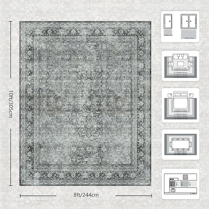 8x10 Area Rugs for Living Room - Washable Vintage Retro Large Rug, Soft Ultra Thin Non Slip Low Pile Traditional Distressed Boho Carpet for Bedroom Dining Room Home Office, Black Grey