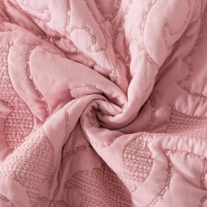 Quilt Bedspread Set, Pink Jacquard Embossed Floral Pattern Reversible Embroidered Microfiber Coverlet Sets, Queen Size