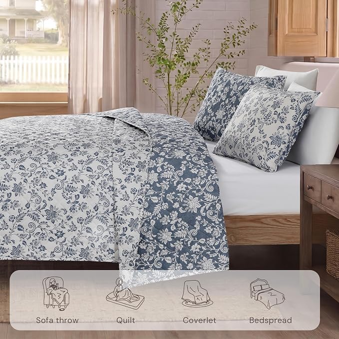 King Quilt Set-3 Pieces Soft Bedding Floral Reversible Coverlet | All Seasons Lightweight Quilts Queen Size for Bed, Breathable Vintage Bedspread with Shams, Oxford Blue