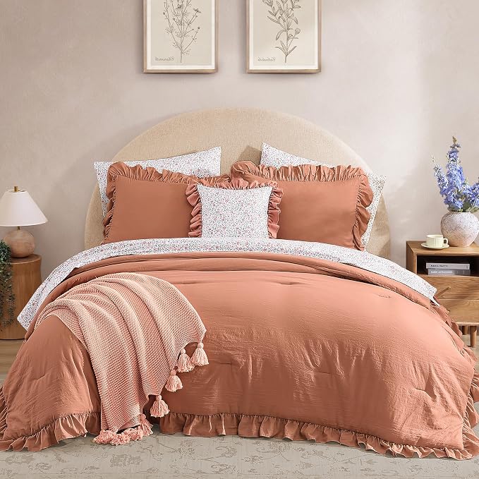 Queen Comforter Set-7 Pieces Ruffle Bedding with Floral Sheet | Autumn Leaf Bed in a Bag, Soft Lightweight All Season Farmhouse Queen Bedding Sets with Floral Sheets, Pillowcases & Shams