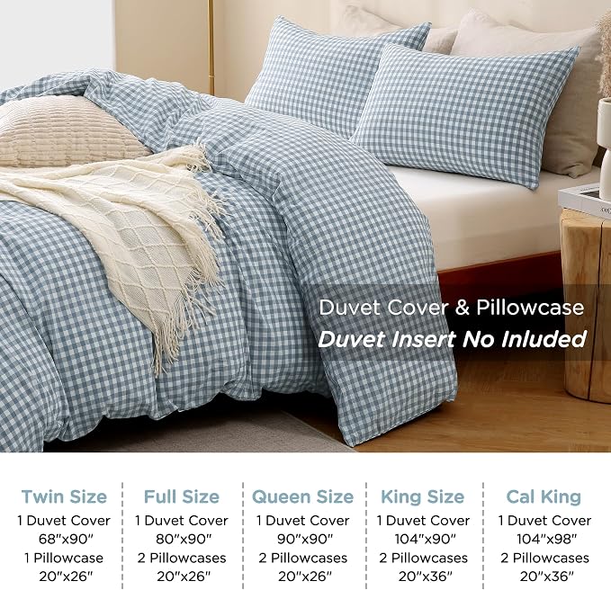 TOCOMOA Blue Gingham Duvet Cover Bedding Set Washed Cotton Like Linen Queen | 100% Washed Cotton Linen-Like Feel Soft, Breathable & Comfy. Lightweight Bedding Set with Zipper & 8 Ties. 3 Pcs, No Insert