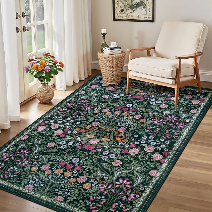 PLHXFR Area Rug Living Room: 3x5 Floral Washable Boho Carpet Dark Green | For Bedroom Dining Room Farmhouse Nursery Hallway,Vintage Floral,Machine washable,Non Slip,Stain Resistant,Large Indoor