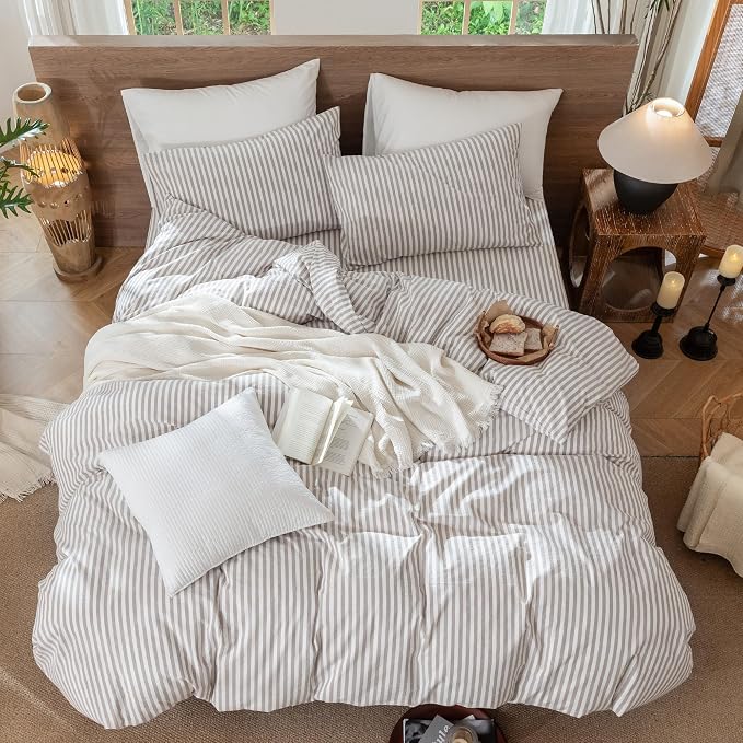 MooMee Striped Duvet Cover Set 100% Washed Cotton Linen Like King | Relaxed Linen-like Texture. Soft, Breathable & Long-lasting Comfort. Lightweight. Hidden Zipper with 8 Interior Corner Ties