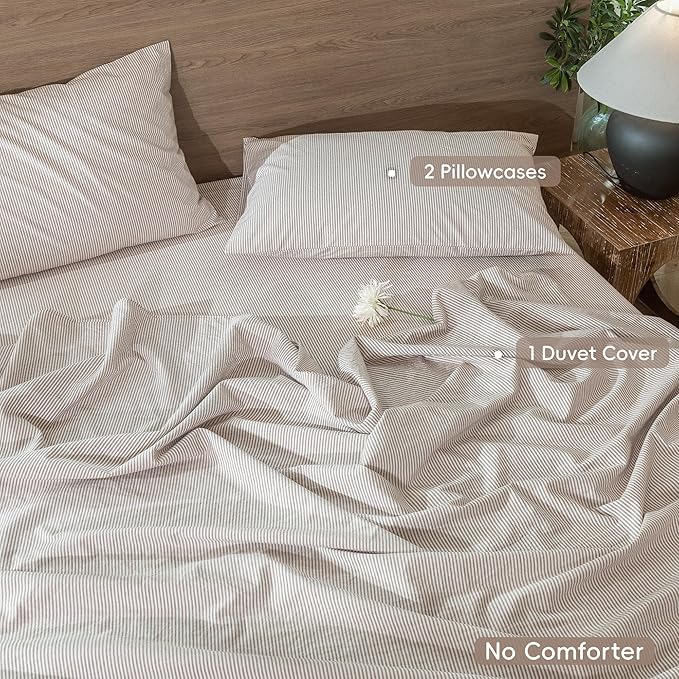 MooMee Striped Duvet Cover Set 100% Washed Cotton Linen Like Queen | Relaxed Linen-like Texture. Soft, Breathable & Long-lasting Comfort. Lightweight. Hidden Zipper with 8 Interior Corner Ties