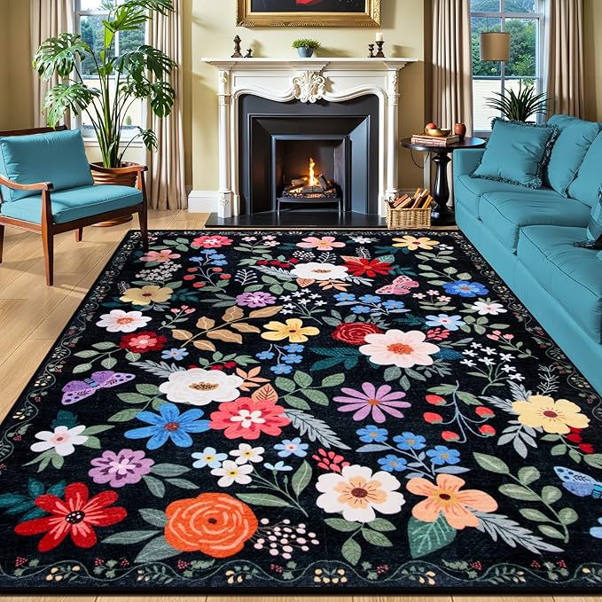 PLHXFR 8x10 Area Rug Living Room: Floral Washable Boho Soft Carpet Black | For Bedroom Dining Room Farmhouse Nursery Hallway,Vintage Floral,Machine washable,Non Slip,Stain Resistant,Large Indoor