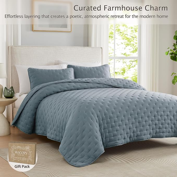 WDCOZY Dusty Blue Cloud Twin Size Quilt Set, Tan Lightweight Farmhouse Bedspread, Rustic Country Coverlet, Taupe Camel Soft Bedding, Thin Comforter for All Season - 2 Pieces, 68x90 inches