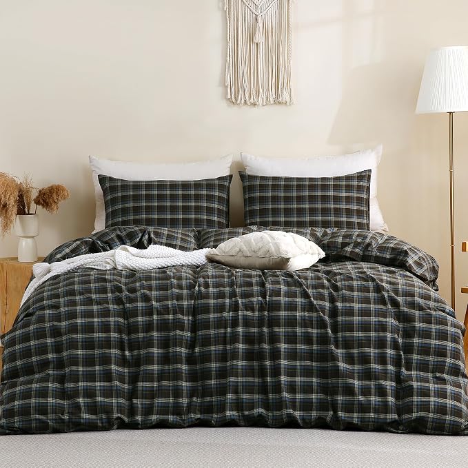 TOCOMOA Buffalo Plaid Duvet Cover Set 100% Washed Cotton Like Linen, Queen | Linen-Like Feel Soft, Breathable & Comfy for All Season. Brown Blue Bedding Set with Zipper & 8 Ties. 3 Pcs, No Insert