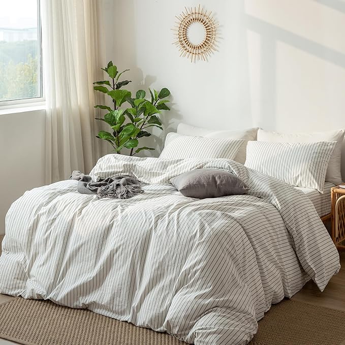 MooMee Striped Duvet Cover Set 100% Washed Cotton Linen Like Full | Relaxed Linen-like Texture. Soft, Breathable & Long-lasting Comfort. Lightweight. Hidden Zipper with 8 Interior Corner Ties