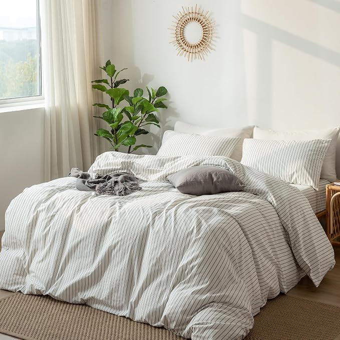 MooMee Striped Duvet Cover Set 100% Washed Cotton Linen Like | Relaxed Linen-like Texture. Soft, Breathable & Long-lasting Comfort. Lightweight. Hidden Zipper with 8 Interior Corner Ties