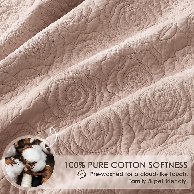 WDCOZY 100% Cotton Queen Size Quilt Bedding Sets Floral Rosette Pink | Pre-Washed Thin Farmhouse Bedspread, 90"x96" Comforter + 2 Shams 20"x26", Lightweight Coverlet, All-Season, Machine Washable