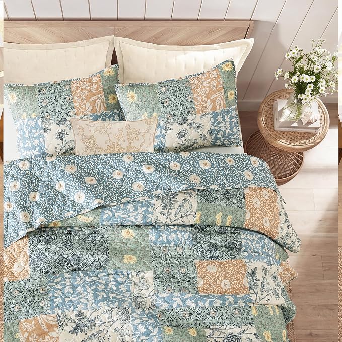 Queen Quilt Set-3 Pieces Soft Bedding Lightweight Floral Patchwork Coverlet | All Seasons Quilts Queen Size for Bed, 1 Quilt (90" x 94") and 2 Shams (20" x 26"), Vintage Bedspread, Green
