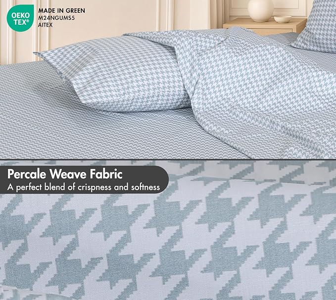 RUVANTI 100% Cotton Percale Sheets Full Size, Houndstooth | Crisp Cooling, Deep Pocket 16", Soft Breathable & Durable, Hotel-Style, 4 Piece Set