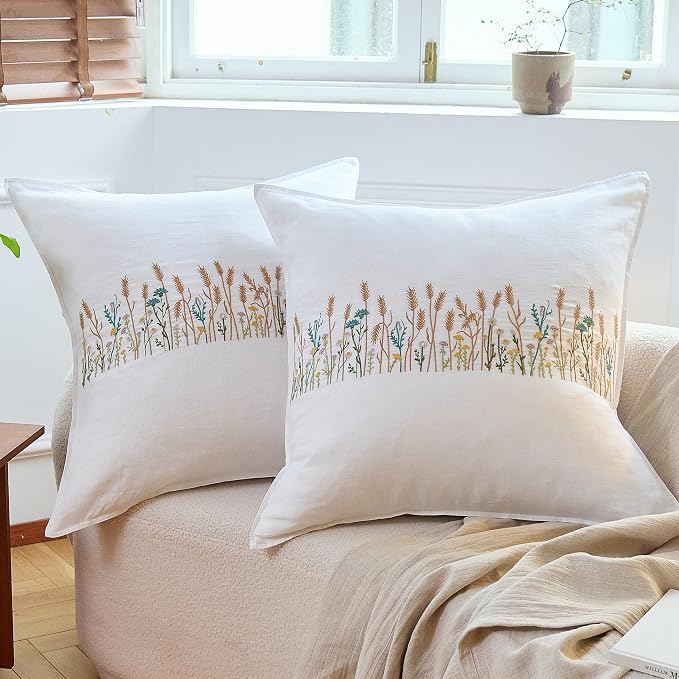 Simple&Opulence 100% Linen Euro Shams 26'' x 26'' Pack of 2, Embroidery Wheat Design Natural Flax Farmhouse Decorative Square Throw Pillow Covers for Bed Couch Sofa - White