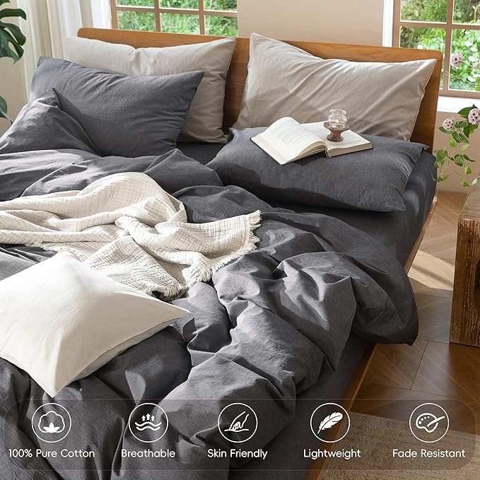 MooMee Duvet Cover Set 100% Washed Cotton Linen Like Super Queen | Relaxed Linen-like Texture. Soft, Breathable & Long-lasting Comfort. Lightweight. Hidden Zipper with 8 Interior Corner Ties