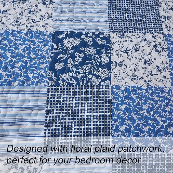 Mybedsoul Boho Quilts Queen Size, Patchwork Floral Bedding Set, Blue | Soft Lightweight Microfiber Coverlet Set, 3 Pieces Plaid Reversible Bedspread, Bed Sets for All Seasons 90"x96"