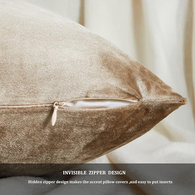 Decorative Throw Pillow Covers 20 x 20, Beige Taupe Khaki Sofa Pillow Covers Velvet, Set of 4 Decor Square Cushion Covers