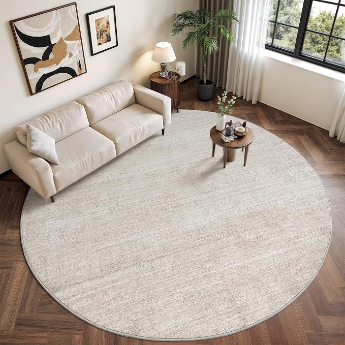 Round Rugs 6ft, Circle Washable Area Rugs for Living Room, Beige | Soft Low Pile, Thin & Lighweight Non Slip Carpet, Folable Stain Resistant Modern Indoor Floor Mat for Bedroom, Dining Room