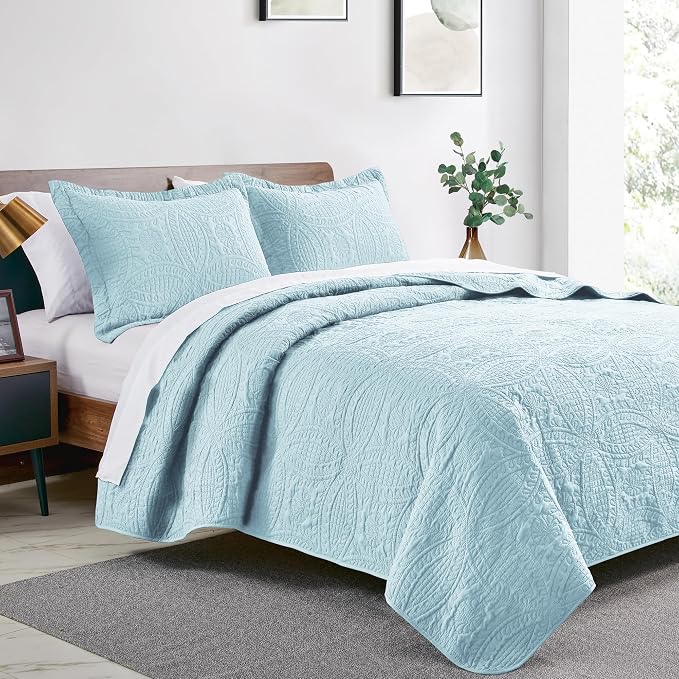 Love's cabin Twin Quilt Set Spa-Blue Bedspreads - Soft Bed Summer Lightweight Bedspread Comforter - Modern Style Coin Pattern Coverlet for All Season - 2 Pieces (1 Quilt, 1 Pillow Sham)