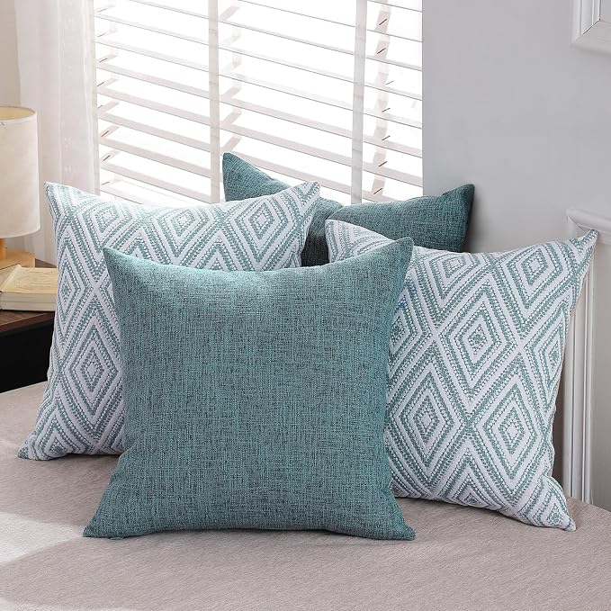 HPUK Throw Pillow Covers 18x18, Set of 4, Blue Textured Couch Pillow Covers | Polyester fabric, patterned and solid designs, hidden zippers, machine washable, for sofas and beds, inserts not included