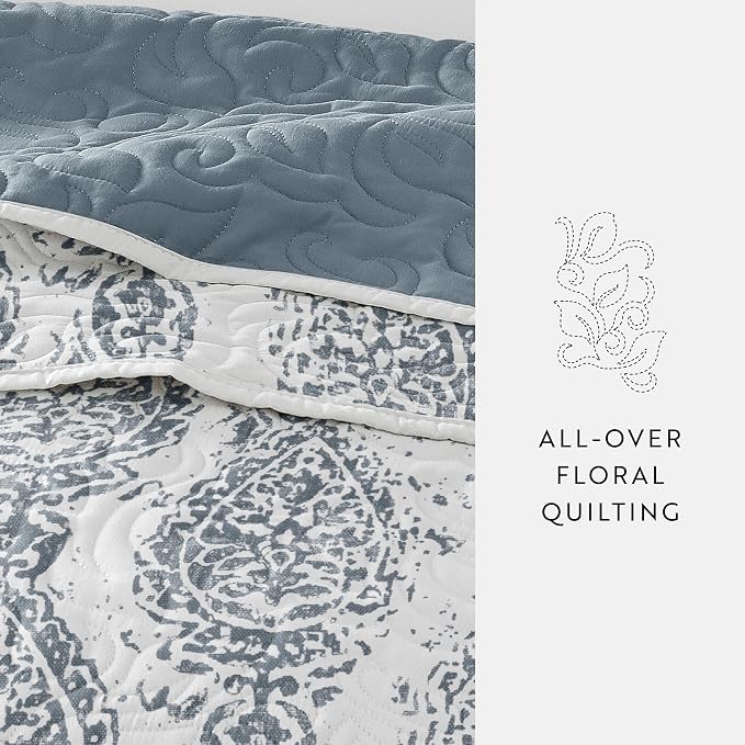 Merit Linens Soft Quilt Coverlet Bedding Set - Pattern/Solid Reversible - Twin/TwinXL Dusk Blue