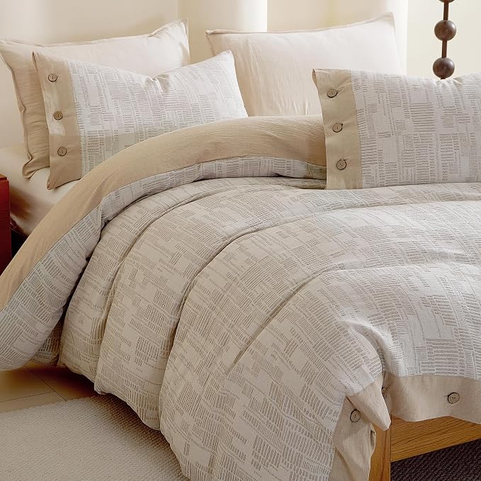 Oli Anderson 100% Egyptian Cotton Duvet Cover King Size, Khaki, 3 Pieces | Yarn Dyed Jacquard Textured Bedding Set, Striped Boho Design, Pre-Washed, Button Closure, Soft Breathable, All Season Comfort