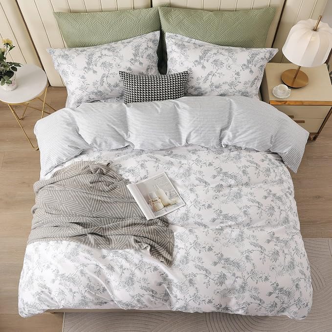 OAITE King Duvet Cover Set 3pcs 100% Cotton with Grey Line Art Floral Vine | Soft, Breathable,Long-lasting,Comfort,Dual Zipper,8 Corner Ties,Easy Care for All Season