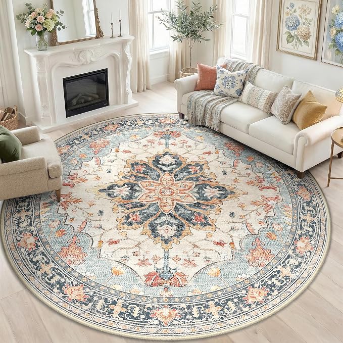 RELEANY Washable Area Rug, Round 8ft, Beige/Blue/Orange | Non-Slip, Water Repellent, Pet Friendly, Easy to Clean, Vintage Floral Boho Decor for Living Room Bedroom Dining Room