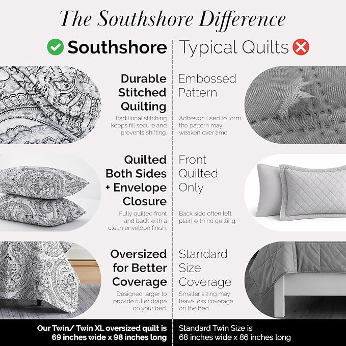 Southshore Fine Living, Inc. Farmhouse Bedding Quilt Set, Twin XL Coverlet, Oversized Quilt, Summer Coverlet, Lightweight Bedspread 2-Piece Set with One Matching Pillow Sham, Twin/XL Quilts, Black