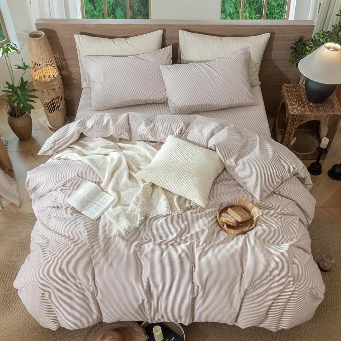 MooMee Striped Duvet Cover Set 100% Washed Cotton Linen Like Queen | Relaxed Linen-like Texture. Soft, Breathable & Long-lasting Comfort. Lightweight. Hidden Zipper with 8 Interior Corner Ties