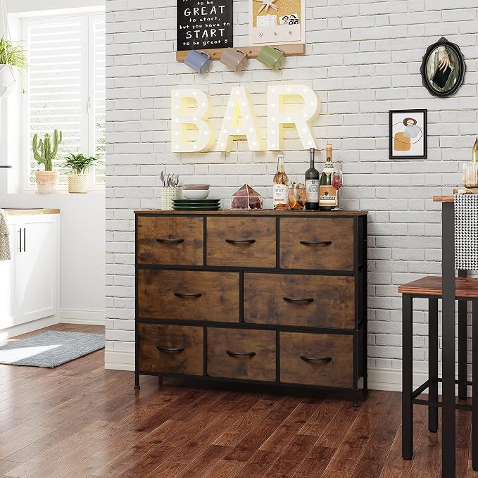 WLIVE 8 Drawer Dresser for Bedroom, Wide Chest of Drawers, Rustic Brown | 8 roomy fabric drawers, Large storage design, Bedroom or living room, Sturdy steel frame, Smooth wood tabletop