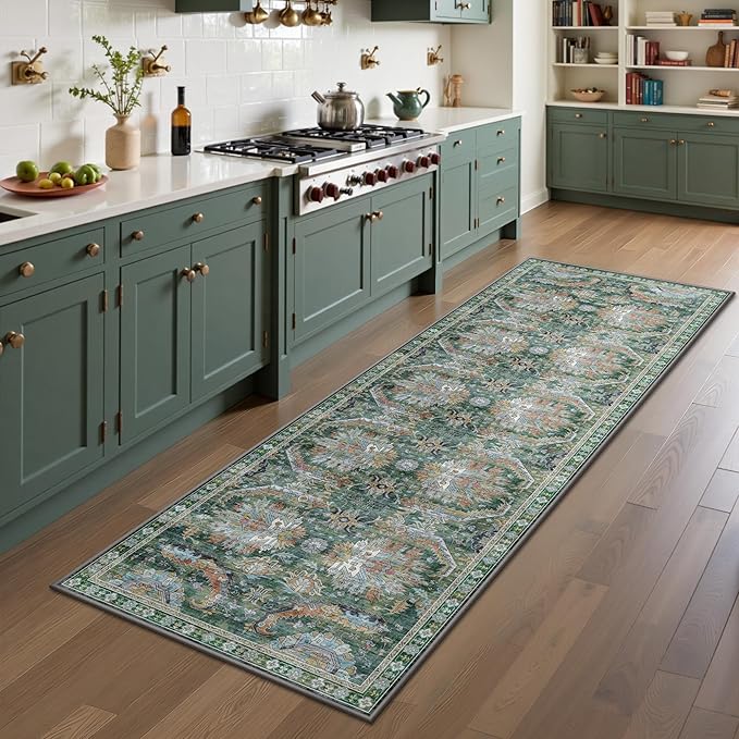 2x6 Hallway Runner Rug, Washable Vintage Retro Long Runner Rugs for Kitchen Laundry, Soft Ultra Thin Non Slip Low Pile Traditional Area Carpet for Bedroom Bathroom Indoor, Green