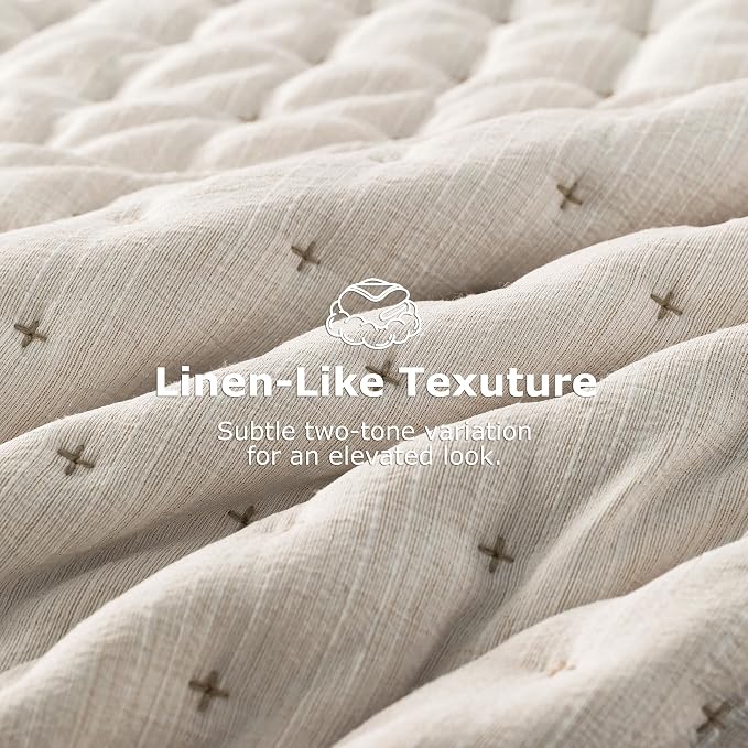 WDCOZY Beige Cloud Quilt Set King Size, Lightweight Soft Cross Stitch Bedspread, Textured Like Linen, Farmhouse Rustic Country Coverlet, Spring Summer Thin Comforter, 3 Pieces, 104x90 inches