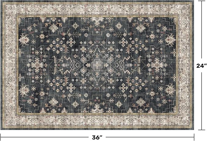 Black Washable 2x3 Entry Rug, Small Rugs for Entryway Kitchen Bathroom Door Mat Indoor Entrance, Non Slip Rubber Backing, Stain & Fade Resistant, Ashen Charcoal Floral Farmhouse Decor
