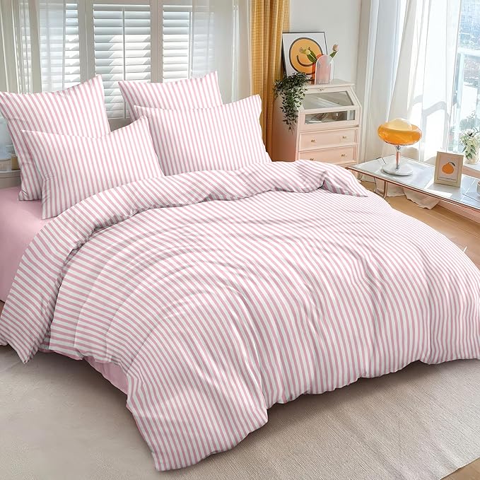 Nayoroom Pink White Striped Duvet Cover Set Queen | Coquette Modern Farmhouse, Dorm Bedding, Soft Breathable Washed Microfiber, All-Season Comfort, Hidden Zipper, 4 Corner Ties
