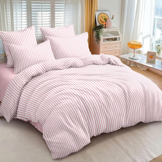 Nayoroom Pink White Striped Duvet Cover Set Full | Coquette Modern Farmhouse, Dorm Bedding, Soft Breathable Washed Microfiber, All-Season Comfort, Hidden Zipper, 4 Corner Ties