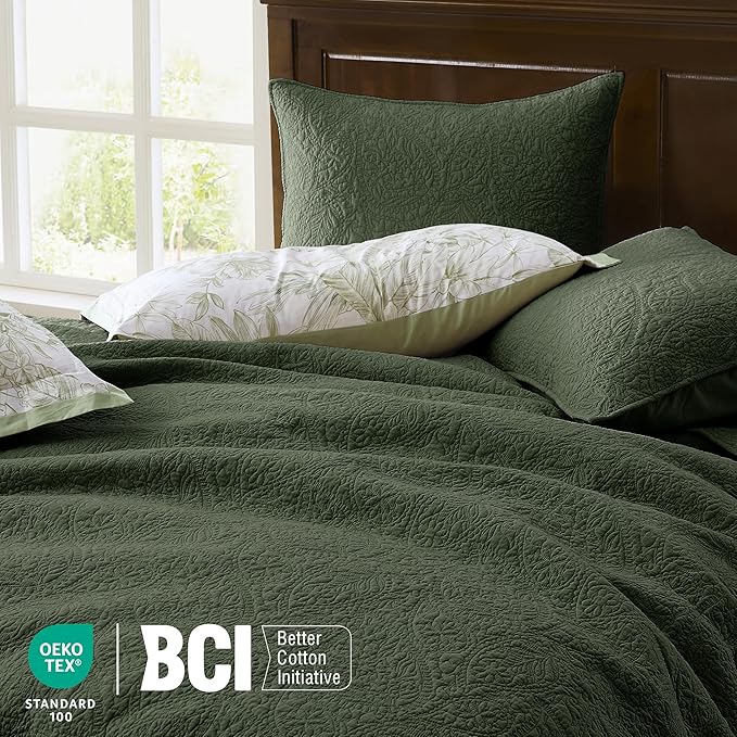 WDCOZY King 100% Cotton Paisley Quilt Bedding Set Olive Green Comforter | Pre-Washed Thin Farmhouse Bedspread, 106"x96" Coverlet + 2 Shams 20"x36", Soft Lightweight, All-Season, Textured Like Linen
