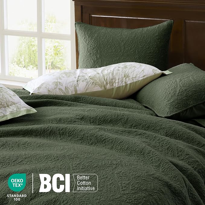 WDCOZY Queen 100% Cotton Paisley Quilt Bedding Set Olive Green Comforter | Pre-Washed Thin Farmhouse Bedspread, 90"x96" Coverlet + 2 Shams 20"x26", Soft Lightweight, All-Season, Textured Like Linen