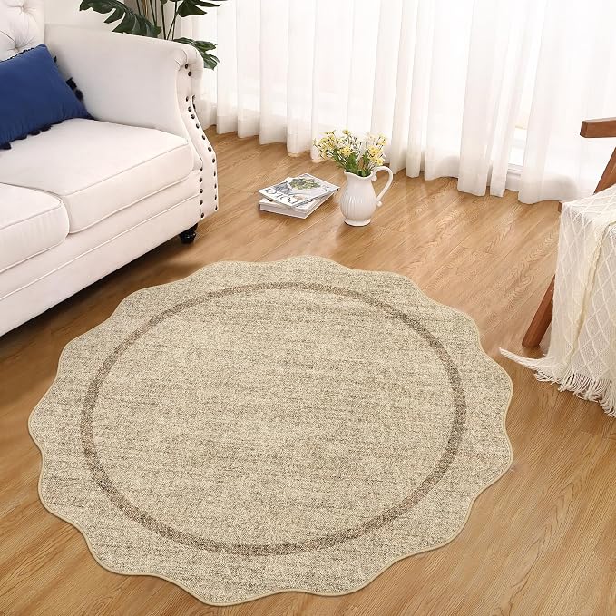 GarveeHome Scalloped Round Washable Rug Soft Modern Round Rugs 5ft Non Slip | Circle Carpets for Bedroom Ultra-Thin, Boho Jute Print Distressed Circular Carpet for Living Room Dorm Bedside, Jute