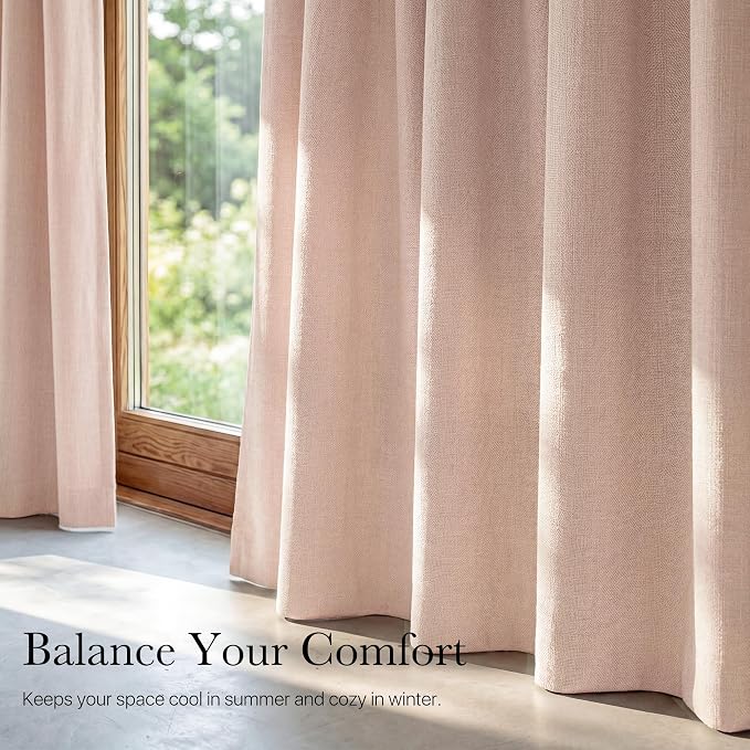 NICETOWN Blush Pink Blackout Curtains for Bedroom 52" w x 84" L 2 Panels | 100% Absolutely Room Darkening Linen Drapes for Living Room Infants Young Children Privacy Vertical Thermal Insulated Decor