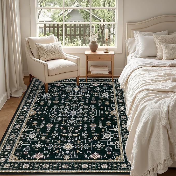 4x6 Area Rugs Living Room: Washable Vintage Rug for Bedroom Black | Boho No Slip Stain Resistant Rug Soft Indoor Decor Floor Floral 4x6 Area Rugs for Dining Room, Nursery, Hallway, Home Office